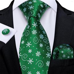 Bow Ties Christmas Snowflake Green Solid For Men Silk Jacquard Necktie Set Handkerchief Cufflinks Famliy Party Accessories Gift