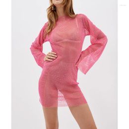 Casual Dresses Women Long Sleeve Loose Sheer Mesh Rhinestone Diamonds Pink Pasperry Mini Dress