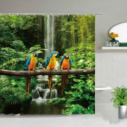 Knitting Tropical Jungle Parrot Waterfall Scenery Shower Curtains Palm Tree Ocean Sandy Beach Bird Landscape Bathroom Decor Cloth Curtain