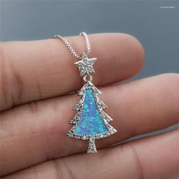 Pendant Necklaces Cute Star Christmas Tree Necklace White Blue Opal Stone Fashion Silver Color Chain For Women Jewelry