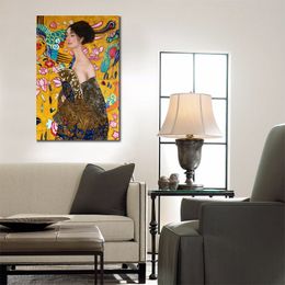 Classical Gustav Klimt Painting Signora Con Ventaglio (luxury Line) Handmade Woman Canvas Art High Quality