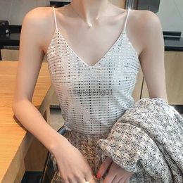 Halter Tank Top Summer Aesthetic Clothes For Women V-Neck Crop Top Sexy Evening White Black Shiny Sequins Loose Korean Fashion L230619