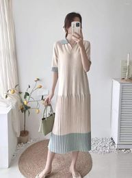 Casual Dresses Korean Fashion Knitted Summer For Women 2023 Short Sleeve Polo Collar Contrast Color Pleated Long Vestido