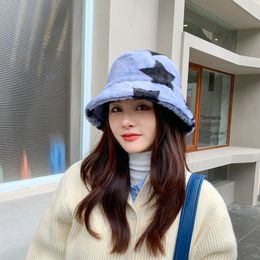 Adult Plush Bucket Hat Winter Warm Star Print Fluffy Fisherman Cap for Women Men Travel Beach