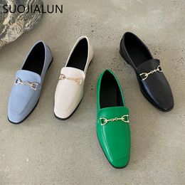 Dress Shoes SUOJIALUN Spring Women Slip On Loafer Autumn Fashion British Metal Buckle Flat Shoes Round Toe Green Casual Ballerina 230630