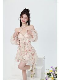 Casual Dresses Y2k Sweet Elegant Floral Chiffon Dress Beach Style Long Sleeve Mini Women Summer 2023 One Piece Korean Design