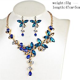 Necklace Earrings Set Fashion Temperament Crystal Flower Necklaces For Women Blue Green Colour Gold Wedding Jewellery