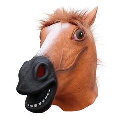 Party Masks Brown Horse Mask Halloween Head Latex Creepy Animal Costume Theatre Prank Crazy Carnival Decor Props 230630