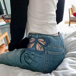 Women's Jeans Y2K Sexy Hollow Butterfly Embroidery Women High Waist Slim Wide Leg Denim Pants Kpop Ins Fashion Streewear