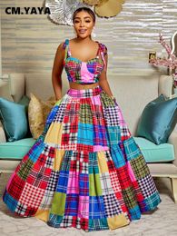 Two Piece Dress CM.YAYA Plaid Print Women Big Swing Cape Ball Gown Maxi Long Skirt Suit and Crop Top Matching Two 2 Piece Set Chic Outfits 230629