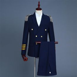 ship mens navy white captain uniform tuxedo jacket with pants stage performance studio suit asia size234P