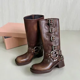 Miui Shoes Boots Harness Belt Buckled Cowhide Leather Biker Knee Boots Chunky Heel Zip Knight Boots Square Toe Ankle for Women Designer Shoes Factory Footwear 126