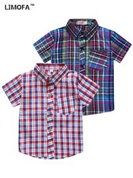 Kids Shirts LJMOFA Summer Kids Shirts T-Shirt for Children Boys Classic Casual Short-sleeved Plaid Shirts Clothes 2-9Y Kid Boy Wear D413 230628