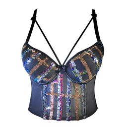 Women's Tanks Mesh Patchwork Velvet Sequins Lingerie Women Bustier Bra Short Corset Sexy Sequins Camisole Female Tank Tops Y3793