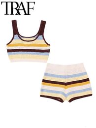 Women s Tracksuits TRAF 2023 Thin Style 2 Piece Sets Striped Knitted Women Sweater Suits Sleeveless Wide Straps Crop Top Female Shorts 230629