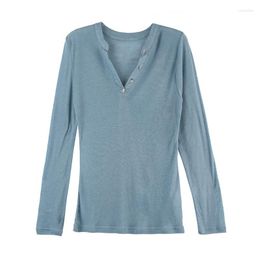 Women's T Shirts Women Henley Collar Shirt V Neck Lyocell Wool Blended Spring Summer Tops