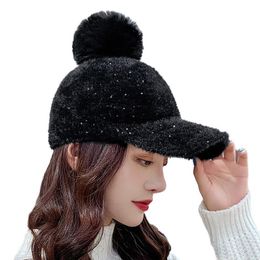 Ball Caps Brand Baseball Autumn Winter Sequins Cap For Women Detachable Faux Fur Pompom CapBall