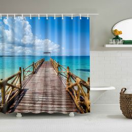 Shower Curtains Seaside Beach Landscape Shower Curtain 3D Palm Trees Bathroom Curtain Polyester Waterproof Fabric Bath Screen Home Decor Curtain 230629