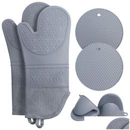 Oven Mitts Microwave Waterproof Insation Baking Heat Resistant Sile Mittens Pads Pot Holders For Kitchen Cooking Drop Delivery Home Dh4I3