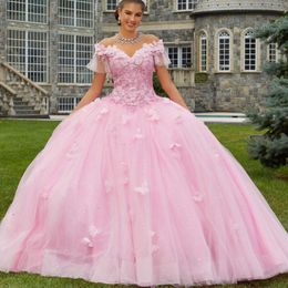 Pink Sexy V-Neck Quinceanera Dress Ball Gown Princess Evening Dresses Butterfly Flower Bow Prom Formal Party Gowns Sweet 16