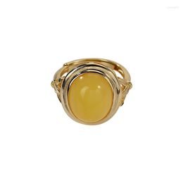 Cluster Rings S925 Sterling Silver Gold-plated Natural Amber Ring Retro Simple Elegant Bamboo Leaf Women's Open