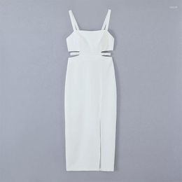 Casual Dresses YENKYE Fashion Women Cut Out Midi Dress Sexy Sleeveless Front Slit Female Summer Party White