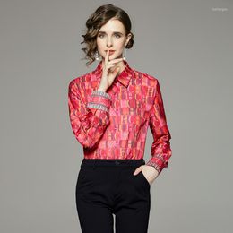 Women's Blouses Runway Designer Vinatge Spring Summer Lapel Long Sleeve Elegant Chiffon Letter Print Shirts Fashion Tops M1160