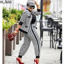 Women's Two Piece Pants HLJ&GG Elegant Lady Plaid Print Sets Women Zip Long Sleeve Coat And Tracksuit Fashion Matching 2pcs Outfits 2023