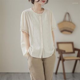 Women's Blouses 2023 Solid Colour Short Sleeve Summer Blouse Shirt O-Neck Button Up Cotton Elegant Ladies Women Casual Loose Tops Blusas