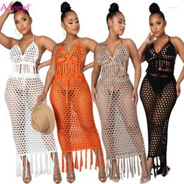 Work Dresses Adogirl Women Sexy Tassel Knitting Holiday Beach Suit Mesh Hollow Out Two Piece Set Swimsuit Cover Up Halter Bra Top Maxi Skirt