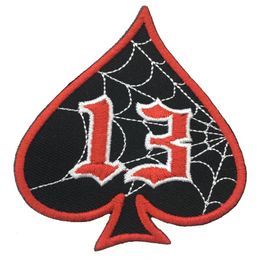 Top Quality 13 Ace Of Spades Embroidered Biker Patch Iron On Backing Jacket Setting Patch Spider Web Ace Emblem DIY Patch G0442189u