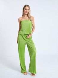 Women's Two Piece Pants Women 2 Pleated Outfits Set Strapless Off Shoulder Tube Tops Wide Leg Loose Fashion Streetwear