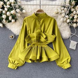 Women's Blouses Spring 2023 Women Lantern Long Sleeve Shirt Fashion Pleated Ruffle Blouse Patchwork Top Woman Temperament Slim Office Wear