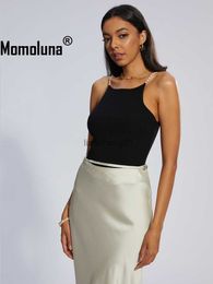 Momoluna Women Musier Paris Lena Drew Top Knit Pearl Slip Beads Strap Ribbed Camis S M L230619