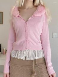 Women's Knits Coquette Aesthetic Pink Sweater Jacket With Fur Collar Cute Sweet Button Up Casual Basic Knitted Cardigan Soft Coat Y2K