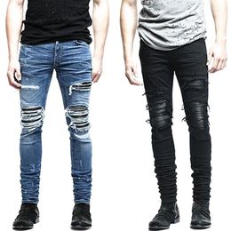 Whole- New Mens denim pants clothing zipper skinny biker jeans men slim fit jean Vintage ripped blue denim men jeans man1303v