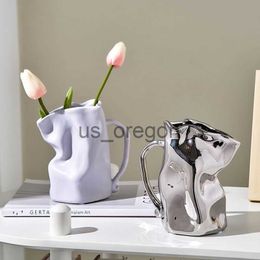 Vases Luxury Silver Vase Irregular Plicated Wrinkle Handgrip White Purple Ceramic Flower Pots Decoration And Table Accessories Table x0630