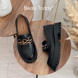 Dress Shoes BeauToday Chunky Loafers Women Genuine Cow Leather Platform Shoes Round Toe Metal Chain Slip on Ladies Flats Handmade 27748 230630