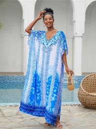 Women's Swimwear Blue Kaftan Beach Cover Up Summer Women Beachwear Cotton Tunic Oversize Bikini Cover-ups Robe De Plage Sarong