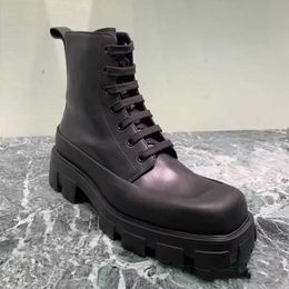 Men Leather Ankle Martin Combat Boots Luxury Platform Shoes Wedges Lace-up Round Toe Block Heels Flat Booties Autumn Winter Outdoor Trainers EU38-46