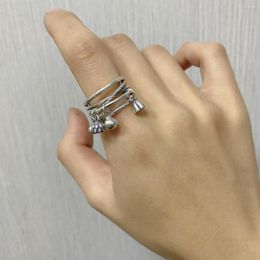 Cluster Rings Retro Matte Double Layer Lotus Pod Lucky Bag Small Pendant Ring Jewellery Real Silver Tassel For Women Adjustable JZ073