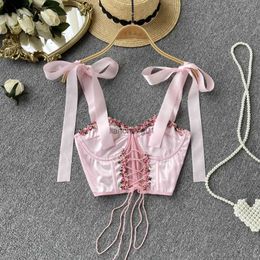 Bows Camisole Sweet Lace-Up Bra Female Camis Diamond Fishbone Spicy Girl Tank Sleeveless Crop Top Women Clothes Dropshipping L230619