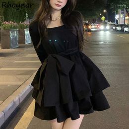 Casual Dresses Mini Black Women Bandage French Vintage Square Collar Sweet Slim Sexy High Waisted Aesthetics Simply Vestidos Elegant