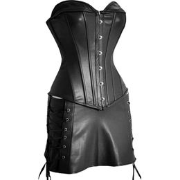 Sexy Black Faux Leather Corset & Skirt Set - Basque Top Outfit STEAMPUNK260j