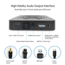 Connectors Bluetooth 5.0 Audio Receiver Support U Disc Lossless Playback 3.5mm Rca Audio Output Optical Fibre Output for Pc Tv Car Speaker