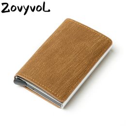 ZOVYVOL Anti-Theft Wallet Clutch Aluminium Box Leather Wallet Men Women RFID Blocking Card Holder Denim Business Pop-Up Card Case