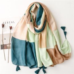 Scarves Fashion Color Blocked Plaid Tassel Viscose Shawl Scarf Lady High Quality Thick Pashmina Hijabs And Wraps Muslim Sjaal 180 90Cm