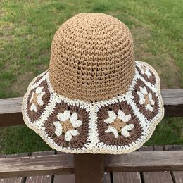 Women's Flower Decor Wide Brim Crochet Bucket Hat Summer Spring Foldable Fisherman Vacation Gifts for Girlfriend DXAA