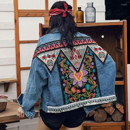 Women's Jackets Latter Rain Retro Floral Applique Embroidery Denim Jacket Women Autumn Bohemian Long Sleeved Lapel Loose