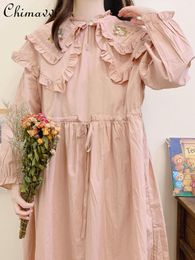 Casual Dresses Japanese Pink Double-Layer Retro Large Lapel Dress 2023 Spring Fashion Loose High Waist Princess Sweet Long Sleeve